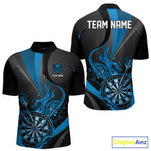 Load image into Gallery viewer, Custom Black And Blue Flame Dartboard Darts Team Men Quarter-Zip Shirts, Darts Jerseys IPHW10382