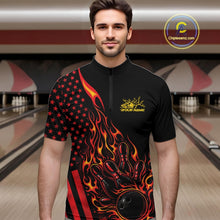 Load image into Gallery viewer, Custom Red Orange Patriotic Flame Bowling Men Quarter-Zip Shirt, US Flag Bowler Jersey IPHW11165