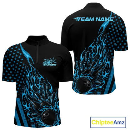 Front and back mockup of a black men’s bowling quarter-zip shirt featuring a blue flaming bowling ball striking pins with a patriotic American flag theme.
