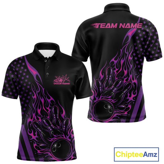 Front and back mockup of a black men’s bowling polo shirt featuring a pink and purple flaming bowling ball striking pins with American flag elements.