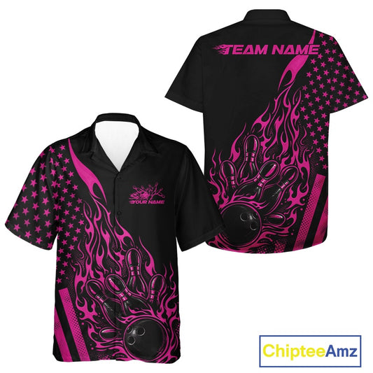 Front and back mockup of a black button-up bowling shirt showcasing a pink flaming bowling ball striking pins with patriotic flag-inspired artwork.