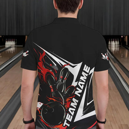 Custom Black And Red Flame Strike Bowling Polo Shirts For Men, Strike Bowling Jerseys IPHW8312