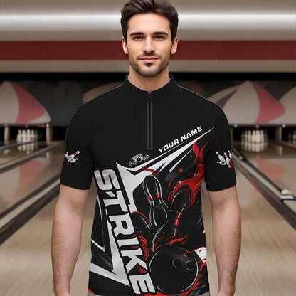 Custom Black And Red Flame Strike Bowling Quarter-Zip Shirts For Men, Strike Bowling Jerseys IPHW8312