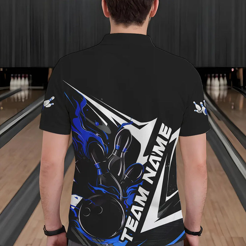 Custom Black And Blue Flame Strike Bowling Polo Shirts For Men, Strike Bowling Jerseys IPHW8313