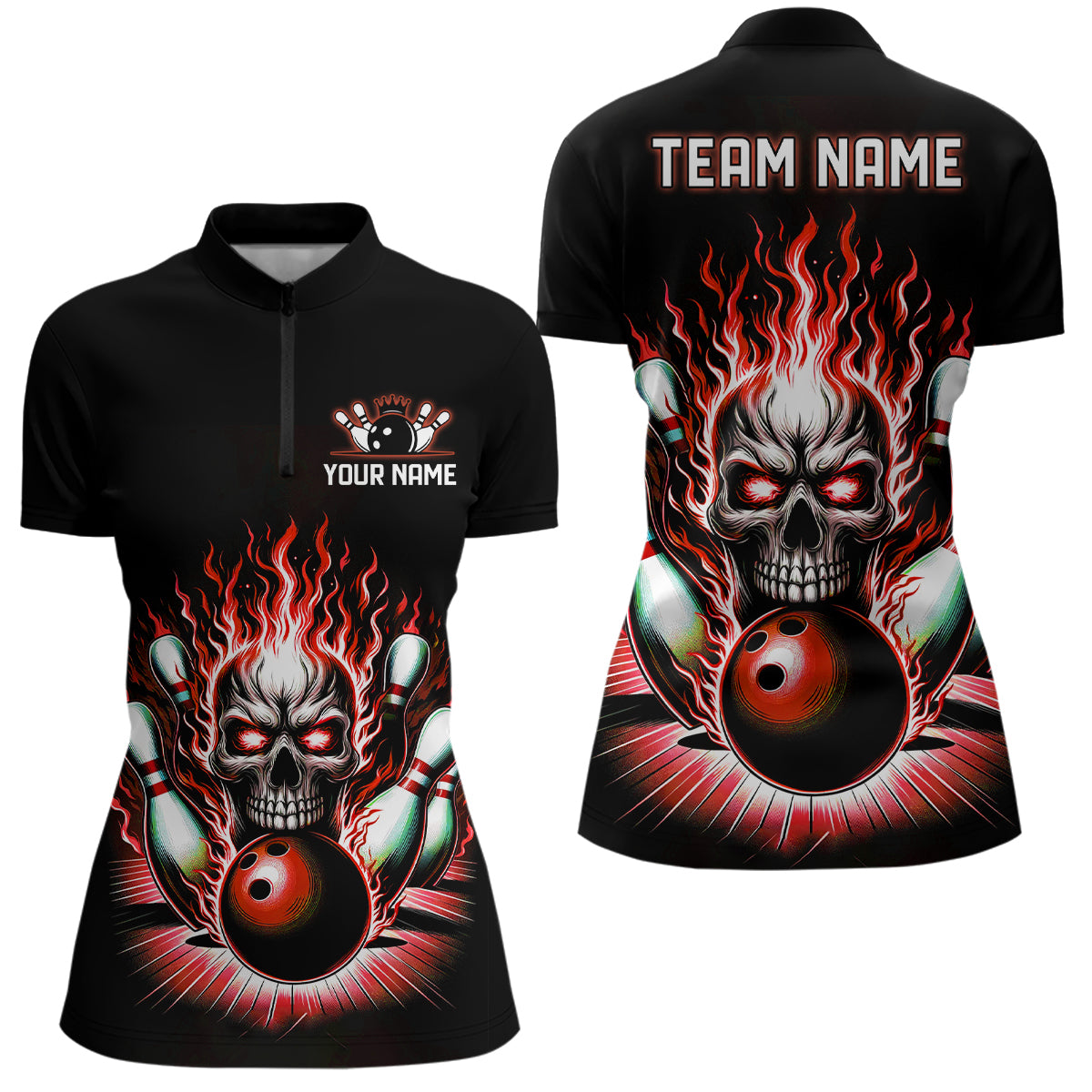 Personalized Skull Bowling Shirt For Women Custom Team'S Name Flame Bowler Jerseys | Red IPHW6011