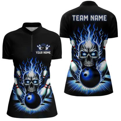 Personalized Skull Bowling Shirt For Women Custom Team'S Name Flame Bowler Jerseys | Blue IPHW6012