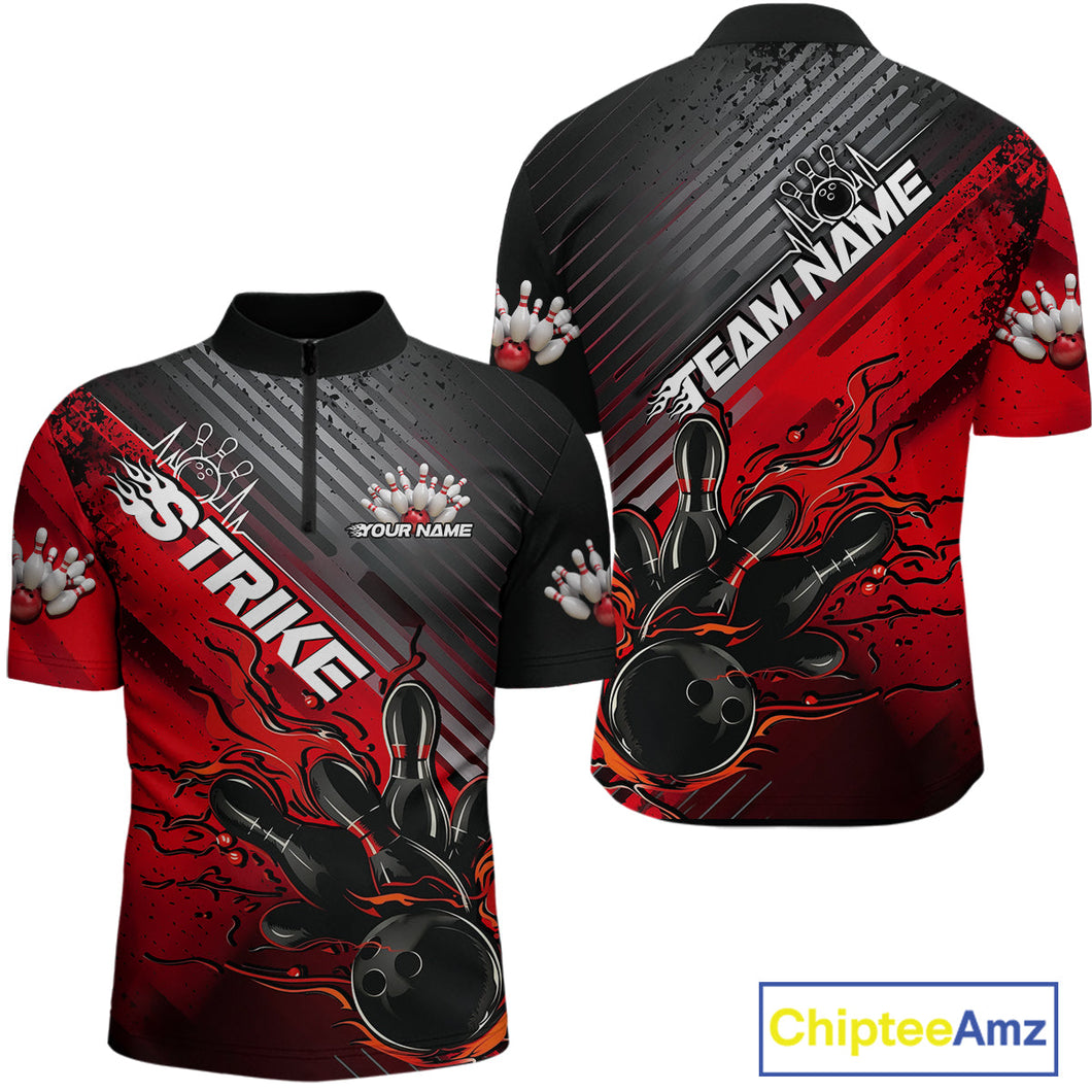 Custom Red Strike Flame Bowling Quarter-Zip Shirts For Men, Bowling Team Shirt Bowlers Outift IPHW9615
