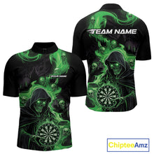 Load image into Gallery viewer, Custom Green Fire Flame Grim Reaper Dart Men Quarter-Zip Shirts, Dart Team Halloween Outfits IPHW9983