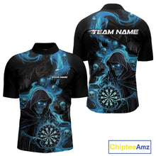 Load image into Gallery viewer, Custom Blue Fire Flame Grim Reaper Dart Men Quarter-Zip Shirts, Dart Team Halloween Outfits IPHW9984