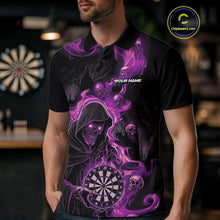 Load image into Gallery viewer, Custom Purple Pink Fire Flame Grim Reaper Dart Men Polo Shirts, Dart Team Halloween Outfits IPHW9985