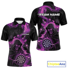Load image into Gallery viewer, Custom Purple Pink Fire Flame Grim Reaper Dart Men Polo Shirts, Dart Team Halloween Outfits IPHW9985