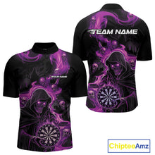 Load image into Gallery viewer, Custom Purple Pink Fire Flame Grim Reaper Dart Men Quarter-Zip Shirts, Dart Team Halloween Outfit IPHW9985