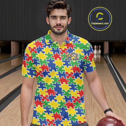 Male model in a bowling lane wearing a colorful polo shirt, front view featuring seamless multi-colored puzzle pattern design