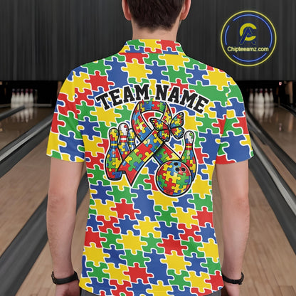 Male model at a bowling lane, back view of colorful polo shirt showcasing seamless puzzle piece print across the fabric