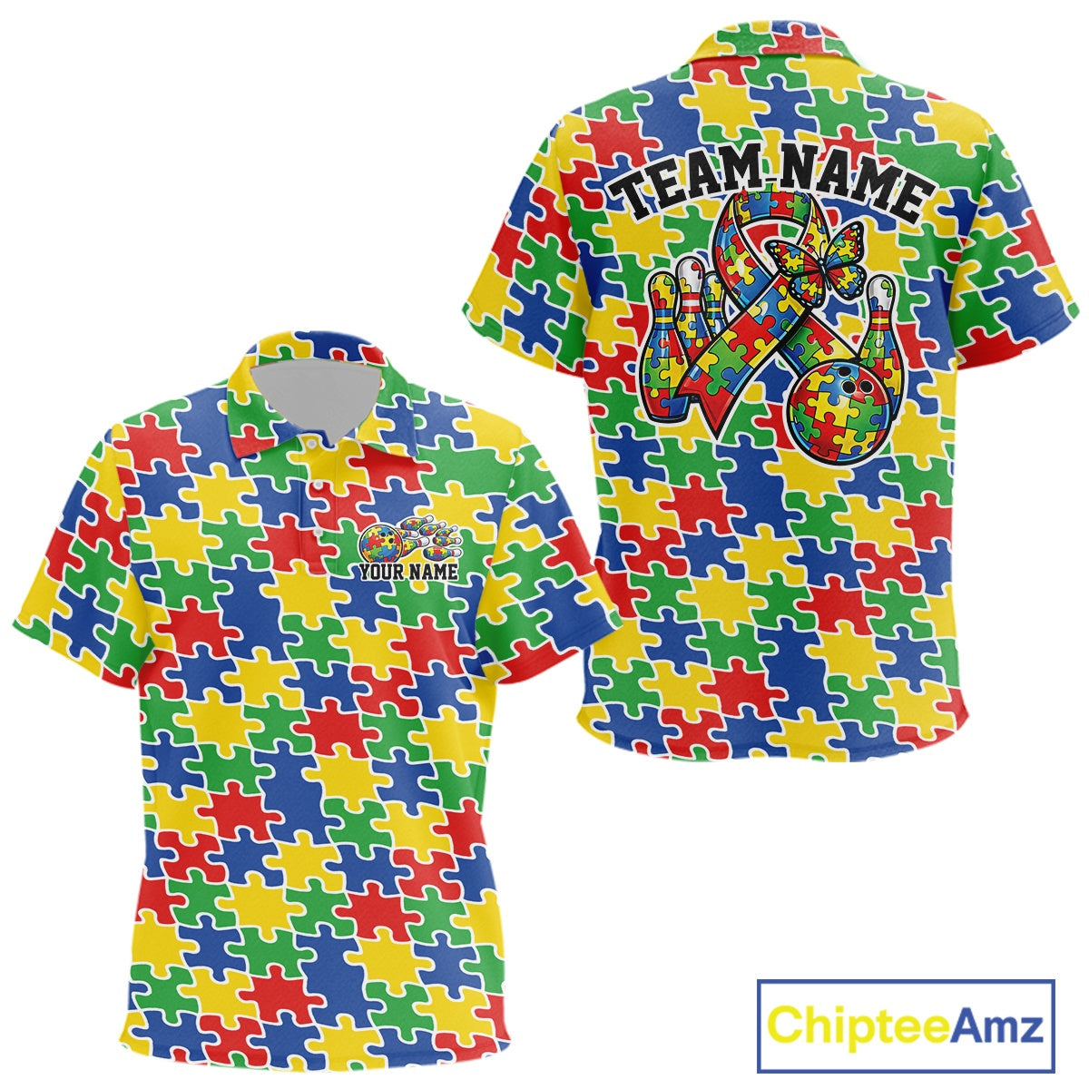 Kid polo shirt mockup front and back showcasing seamless multicolor puzzle piece print in red, blue, green, and yellow tones