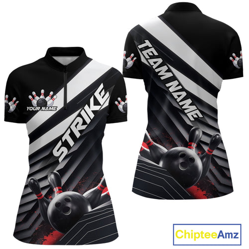 Custom Black And Red Strike Bowling Quarter-Zip Shirts For Women, Bowling Team Uniform IPHW9627