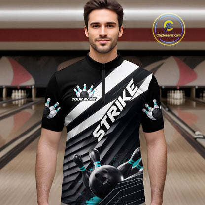 Custom Black And Blue Strike Bowling Quarter-Zip Shirts For Men, Bowling Team Uniform IPHW9628