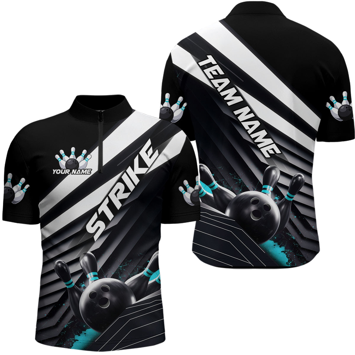 Custom Black And Blue Strike Bowling Quarter-Zip Shirts For Men, Bowling Team Uniform IPHW9628