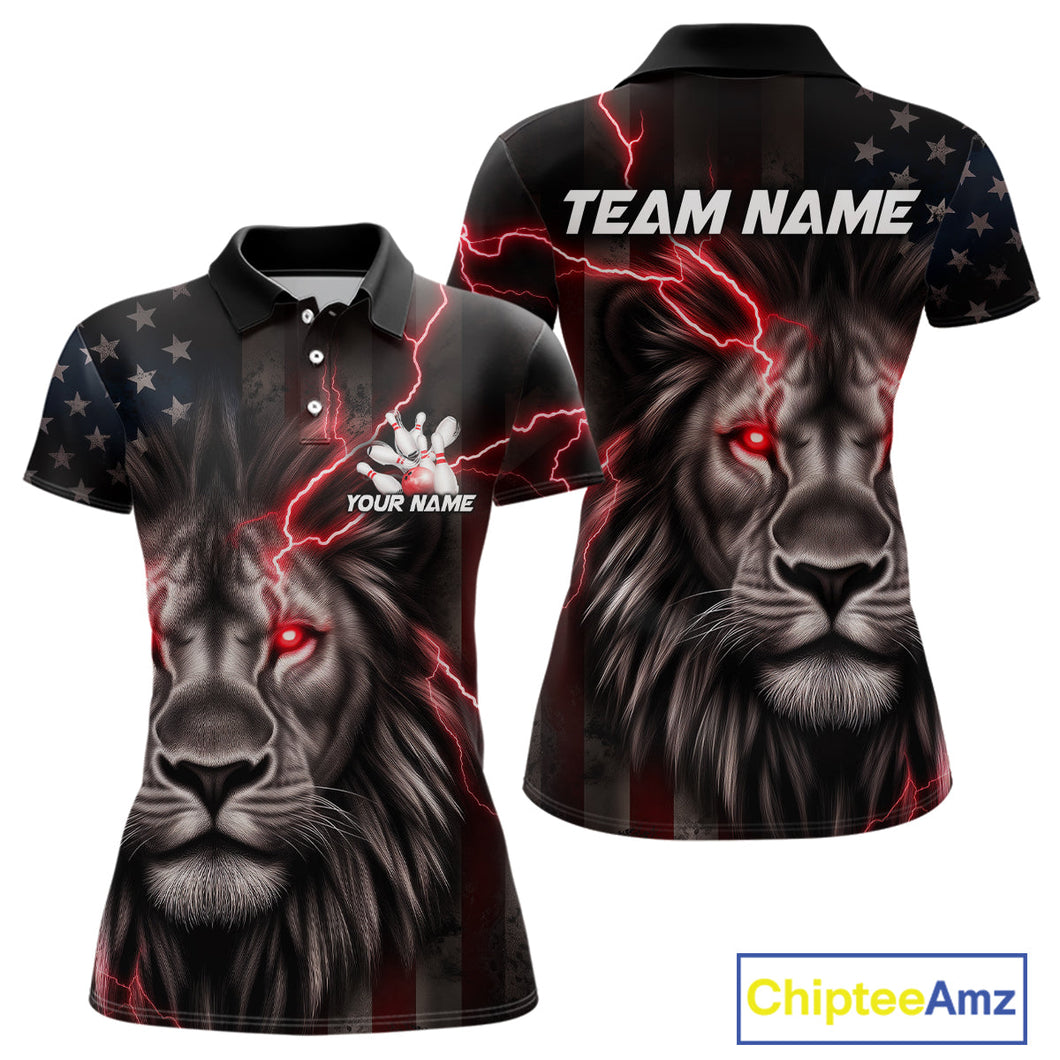 Custom Red Thunder Lightning Patriotic Lion Women Polo Shirts, US Flag Bowling Jerseys IPHW9319