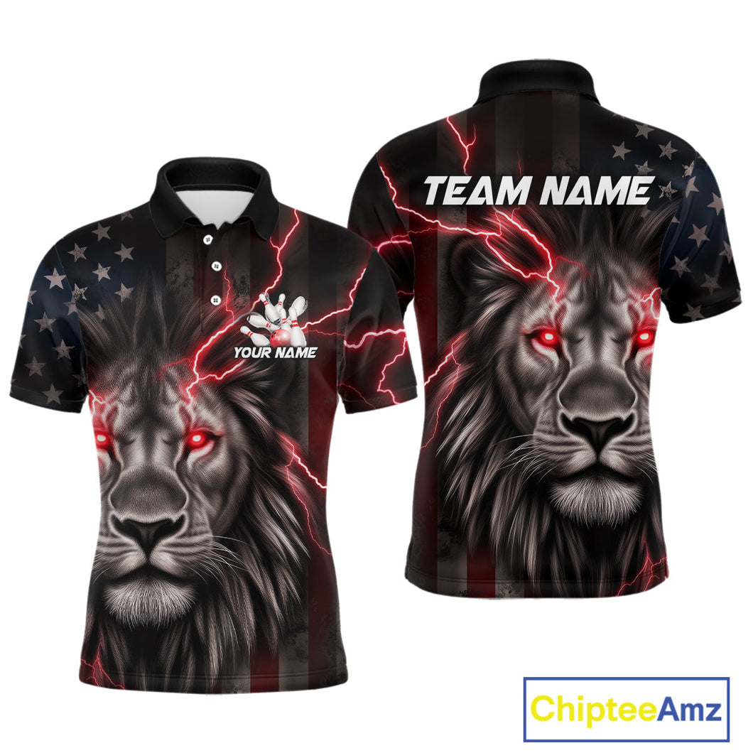 Custom Red Thunder Lightning Patriotic Lion Polo Shirts For Men, US Flag Bowling Jerseys IPHW9319