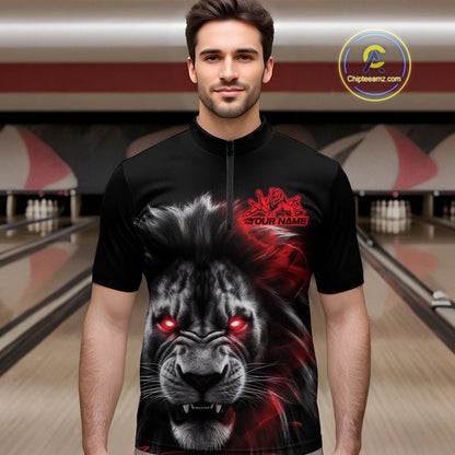 Custom Black And Red Lion Bowling Quarter-Zip Team Shirts For Men, Lion Bowling Jerseys IPHW9328