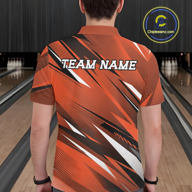 Person wearing an orange bowling shirt with 'TEAM NAME' text in a bowling alley.