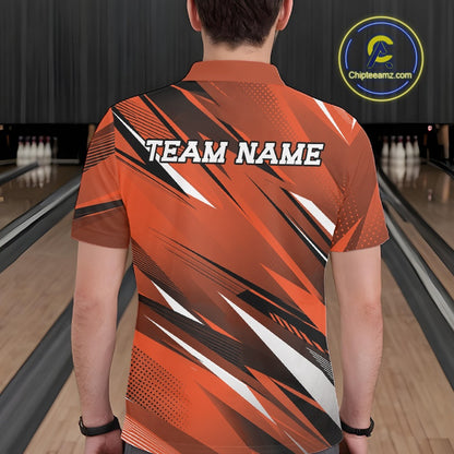 Person wearing an orange bowling shirt with 'TEAM NAME' text in a bowling alley.