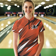 Load image into Gallery viewer, Woman wearing a custom bowling shirt with a logo and text in a bowling alley.