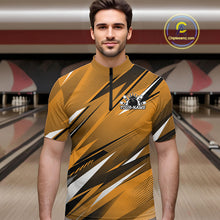 Load image into Gallery viewer, Man wearing a bowling shirt with a logo and text in a bowling alley.