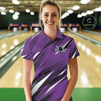 Woman wearing a purple bowling shirt with a logo and text on a bowling alley background