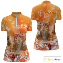 Load image into Gallery viewer, Custom Funny Orange Cat Bowling Women Quarter-Zip Shirt, Cat Paw Team Bowling Shirt IPHW10103