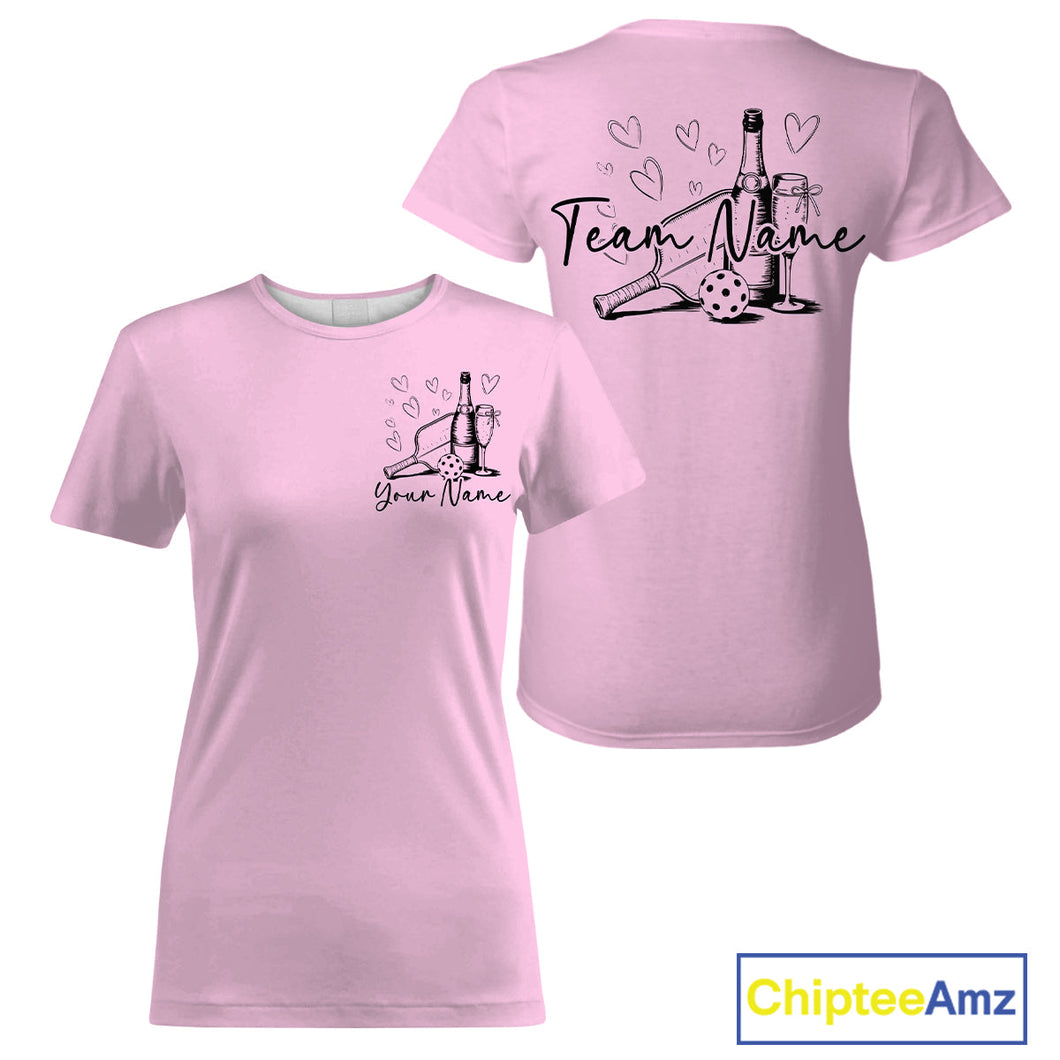 Custom Light Pink Pickleball T-Shirts For Women, Pickleball And Wine Lovers Uniform IPHW9460