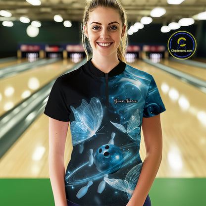 Custom Ethereal Blue Butterflies Bowling Women Quarter-Zip Shirts, Ladies Bowling Outfit IPHW10238