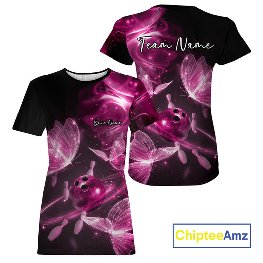 Custom Ethereal Pink Butterflies Bowling Team Women T-Shirts, Ladies Bowling Outfit IPHW10240