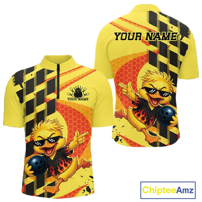 Custom bowling-themed short-sleeve polo shirt shown from the front and back. The shirt features a bright yellow base with black and orange diagonal stripes, a cartoon chick character wearing black sunglasses and holding a bowling ball, a honeycomb pattern, and customizable text reading 'YOUR NAME'.