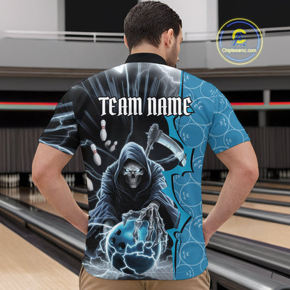 Custom Blue Thunder Lightning Grim Reaper Bowling Men Quarter-Zip Shirt, Halloween Bowler Outfit IPHW9839