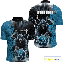 Load image into Gallery viewer, Custom Blue Thunder Lightning Grim Reaper Bowling Men Quarter-Zip Shirt, Halloween Bowler Outfit IPHW9839