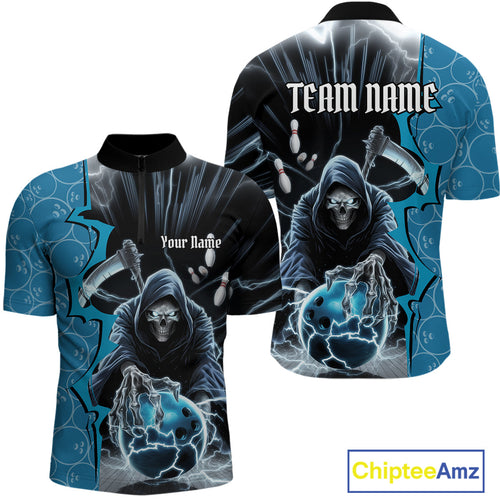 Custom Blue Thunder Lightning Grim Reaper Bowling Men Quarter-Zip Shirt, Halloween Bowler Outfit IPHW9839