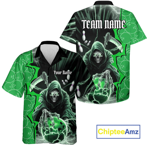 Custom Green Thunder Lightning Grim Reaper Bowling Men And Women Hawaiian Shirt, Halloween Bowler Outfit IPHW9841