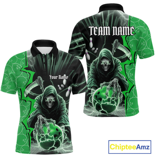 Custom Green Thunder Lightning Grim Reaper Bowling Men Polo Shirt, Halloween Bowler Outfit IPHW9841
