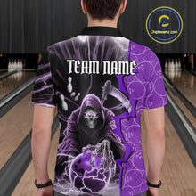 Load image into Gallery viewer, Custom Purple Thunder Lightning Grim Reaper Bowling Men Polo Shirt, Halloween Bowler Outfit IPHW9842