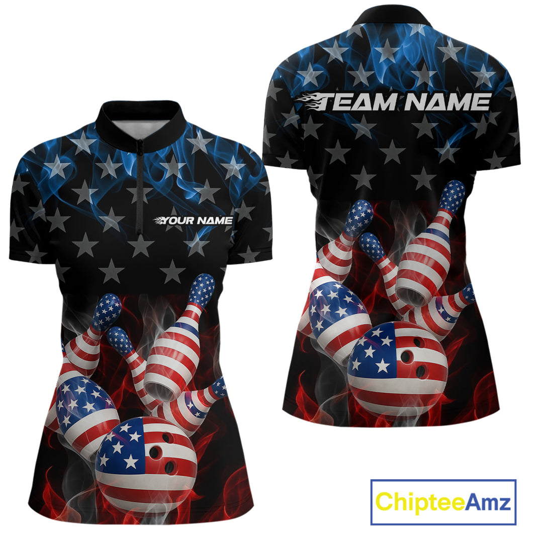 Custom Red And Blue Flame American Flag Patriotic Bowling Women Quarter-Zip Shirts IPHW9716
