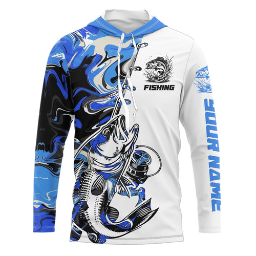 Personalized Largemouth Bass Fishing Blue Camo Long Sleeve Hooded Fishing Shirts For Men IPHW9126