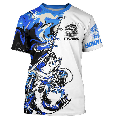 Personalized Largemouth Bass Fishing Blue Camo Fishing T-Shirts For Men IPHW9126