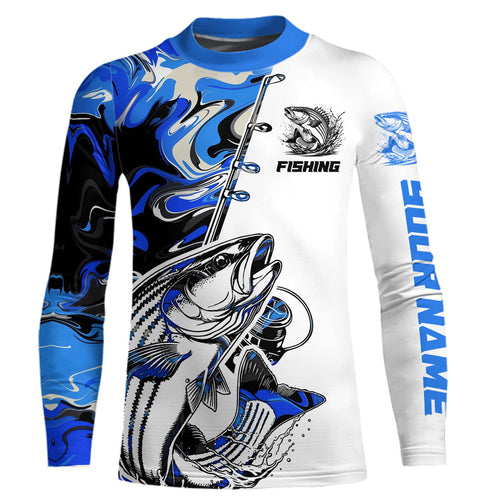 Personalized Striped Bass Fishing Blue Camo Kid Long Sleeve Fishing Shirts IPHW9128