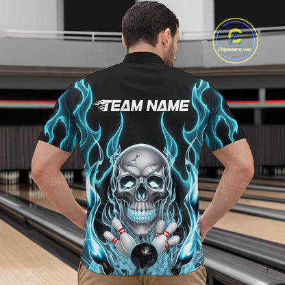 Custom Blue Fire Flame Skull Bowling Polo Shirts For Men, Halloween Bowling Team Outfit IPHW9491