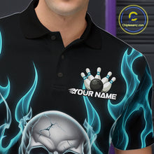 Load image into Gallery viewer, Custom Blue Fire Flame Skull Bowling Polo Shirts For Men, Halloween Bowling Team Outfit IPHW9491