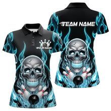 Load image into Gallery viewer, Custom Blue Fire Flame Skull Bowling Polo Shirts For Women, Halloween Bowling Team Outfit IPHW9491
