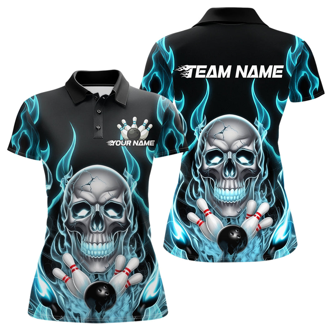 Custom Blue Fire Flame Skull Bowling Polo Shirts For Women, Halloween Bowling Team Outfit IPHW9491