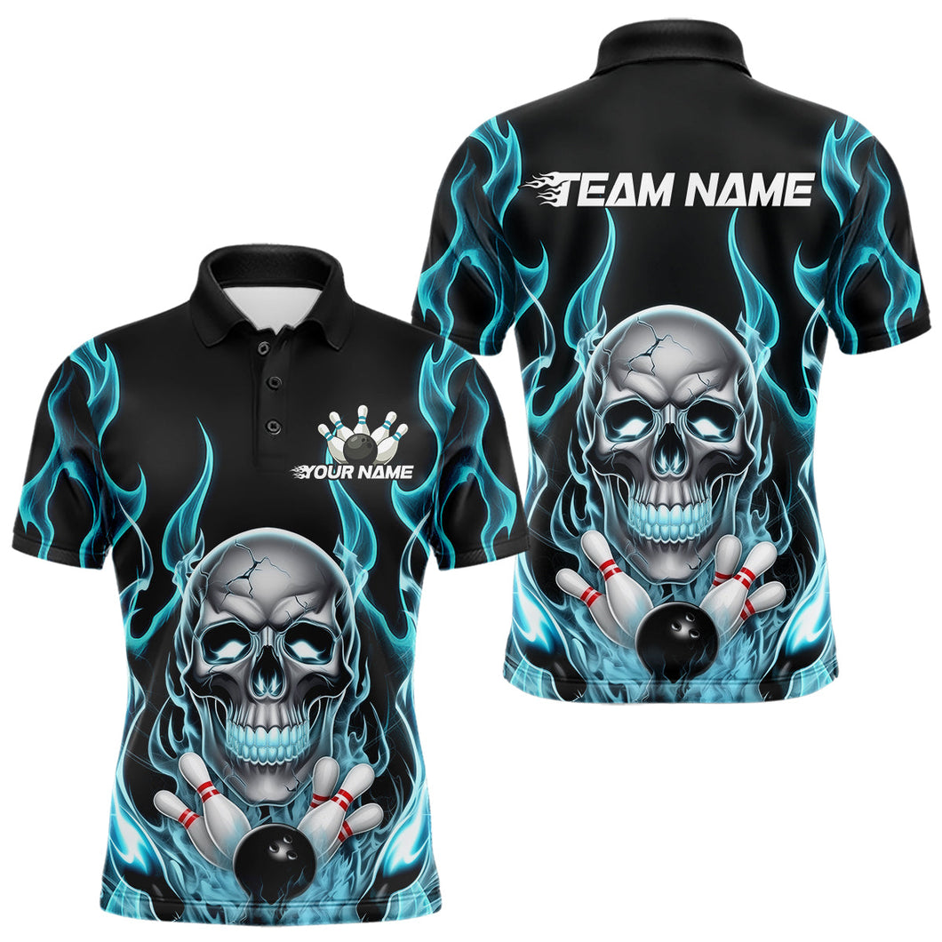 Custom Blue Fire Flame Skull Bowling Polo Shirts For Men, Halloween Bowling Team Outfit IPHW9491